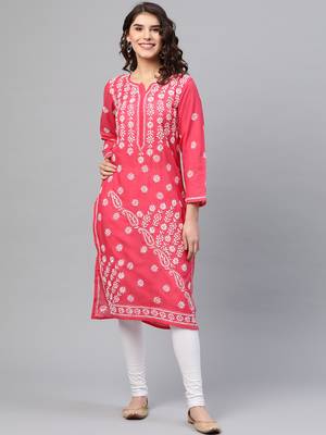 ADA Hand Crafted Coral Pink Cotton Lucknow Chikankari Indian Women Straight Kurta - A133720 1