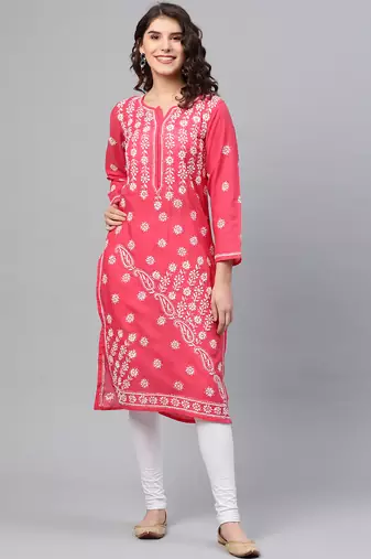 ADA Hand Crafted Coral Pink Cotton Lucknow Chikankari Indian Women Straight Kurta - A133720