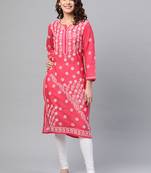 ADA Hand Crafted Coral Pink Cotton Lucknow Chikankari Indian Women Straight Kurta - A133720