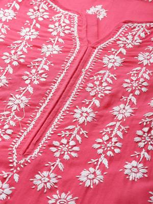 ADA Hand Crafted Coral Pink Cotton Lucknow Chikankari Indian Women Straight Kurta - A133720 2