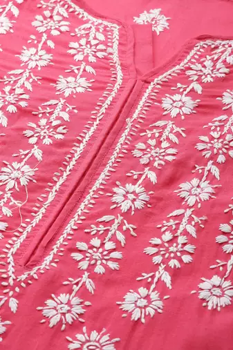 ADA Hand Crafted Coral Pink Cotton Lucknow Chikankari Indian Women Straight Kurta - A133720