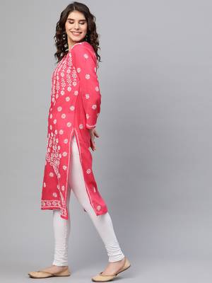 ADA Hand Crafted Coral Pink Cotton Lucknow Chikankari Indian Women Straight Kurta - A133720 3