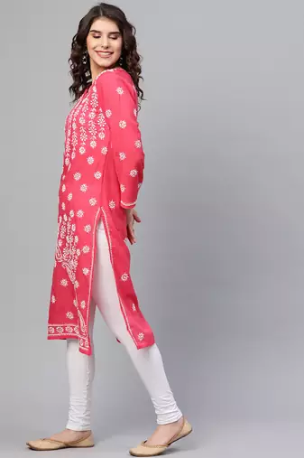 ADA Hand Crafted Coral Pink Cotton Lucknow Chikankari Indian Women Straight Kurta - A133720