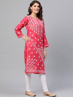 ADA Hand Crafted Coral Pink Cotton Lucknow Chikankari Indian Women Straight Kurta - A133720 4