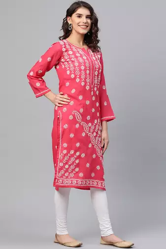 ADA Hand Crafted Coral Pink Cotton Lucknow Chikankari Indian Women Straight Kurta - A133720