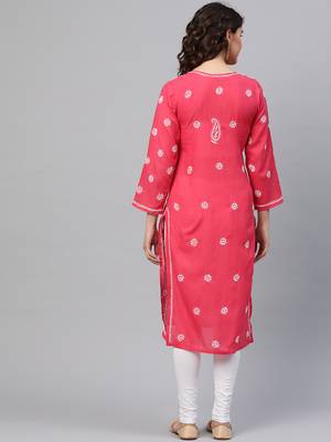 ADA Hand Crafted Coral Pink Cotton Lucknow Chikankari Indian Women Straight Kurta - A133720 5