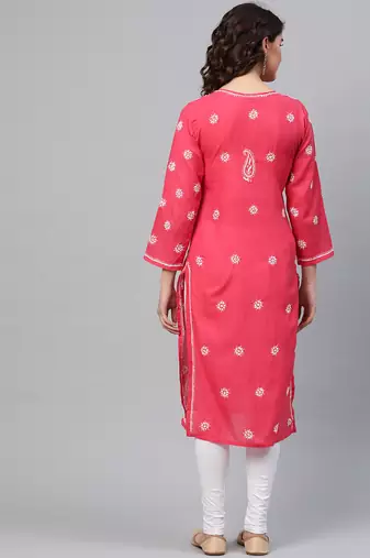 ADA Hand Crafted Coral Pink Cotton Lucknow Chikankari Indian Women Straight Kurta - A133720