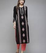 Hand Embroidered Black & Peach Cotton Lucknowi Chikankari Indian Women Kurta