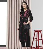 Hand Embroidered Black & Pink Cotton Lucknow Chikankari Indian Women Straight Kurta