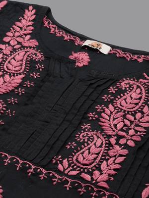 Hand Embroidered Black & Pink Cotton Lucknow Chikankari Indian Women Straight Kurta 2