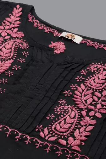Hand Embroidered Black & Pink Cotton Lucknow Chikankari Indian Women Straight Kurta