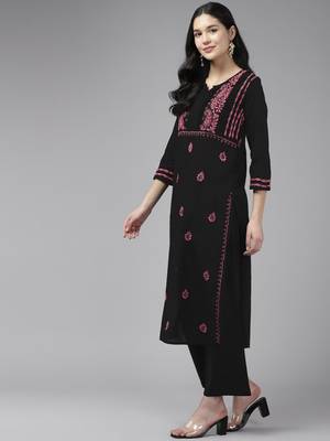 Hand Embroidered Black & Pink Cotton Lucknow Chikankari Indian Women Straight Kurta 3