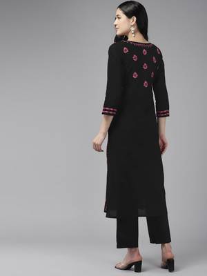 Hand Embroidered Black & Pink Cotton Lucknow Chikankari Indian Women Straight Kurta 4