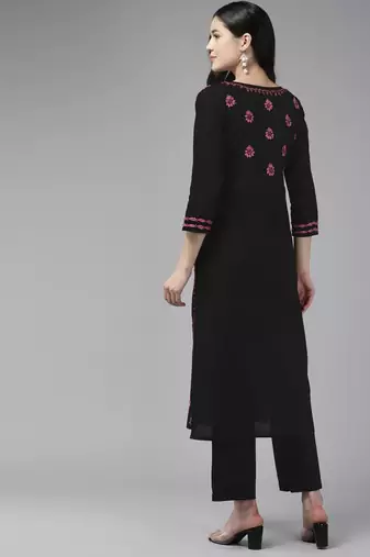 Hand Embroidered Black & Pink Cotton Lucknow Chikankari Indian Women Straight Kurta