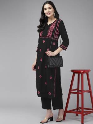 Hand Embroidered Black & Pink Cotton Lucknow Chikankari Indian Women Straight Kurta 5