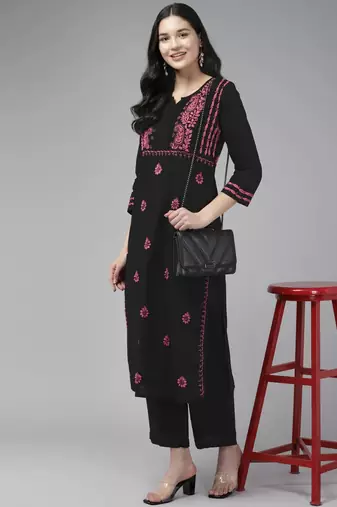 Hand Embroidered Black & Pink Cotton Lucknow Chikankari Indian Women Straight Kurta