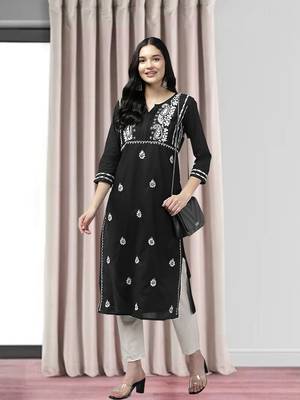 Hand Embroidered Black & White Cotton Lucknowi Chikankari Indian Women Straight Kurta 1