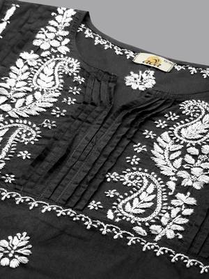 Hand Embroidered Black & White Cotton Lucknowi Chikankari Indian Women Straight Kurta 2