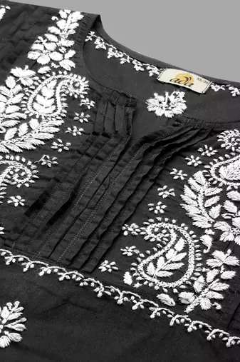 Hand Embroidered Black & White Cotton Lucknowi Chikankari Indian Women Straight Kurta