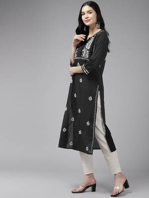 Hand Embroidered Black & White Cotton Lucknowi Chikankari Indian Women Straight Kurta 3