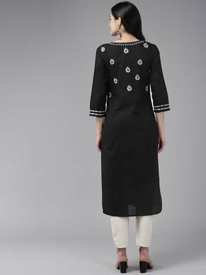 Hand Embroidered Black & White Cotton Lucknowi Chikankari Indian Women Straight Kurta 4