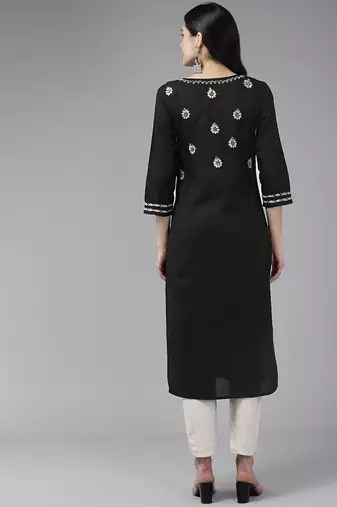 Hand Embroidered Black & White Cotton Lucknowi Chikankari Indian Women Straight Kurta