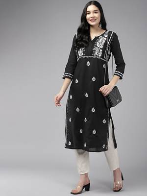 Hand Embroidered Black & White Cotton Lucknowi Chikankari Indian Women Straight Kurta 5
