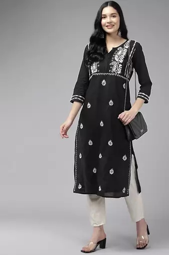 Hand Embroidered Black & White Cotton Lucknowi Chikankari Indian Women Straight Kurta