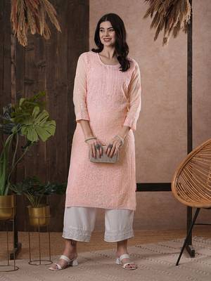 Hand Embroidered Pink Kota Lucknow Chikankari Indian Women Kurta With Slip 1