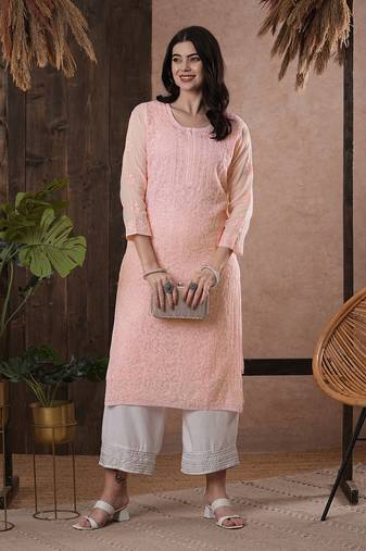 Hand Embroidered Pink Kota Lucknow Chikankari Indian Women Kurta With Slip