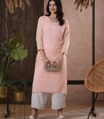 Hand Embroidered Pink Kota Lucknow Chikankari Indian Women Kurta With Slip