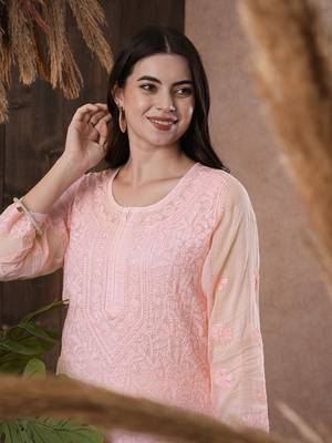 Hand Embroidered Pink Kota Lucknow Chikankari Indian Women Kurta With Slip 3