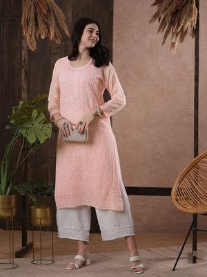 Hand Embroidered Pink Kota Lucknow Chikankari Indian Women Kurta With Slip 5