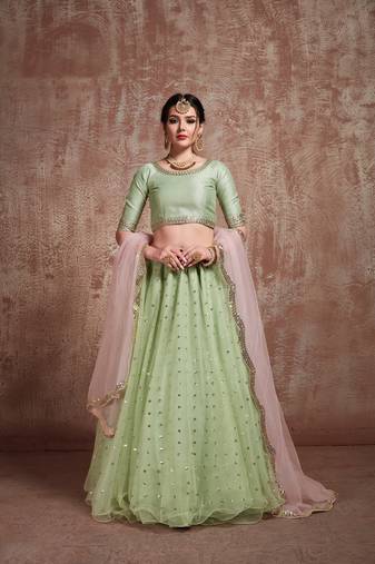 Fusionic parrot-green embroidered net lehenga-choli with blouse