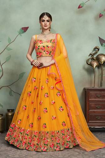Fusionic mustard embroidered net lehenga-choli with blouse