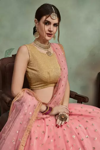 Fusionic baby-pink embroidered net lehenga-choli with blouse