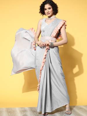  grey solid chinnon crepe saree with and belt 1