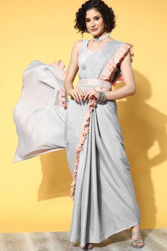  grey solid chinnon crepe saree with and belt
