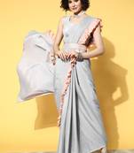  grey solid chinnon crepe saree with and belt