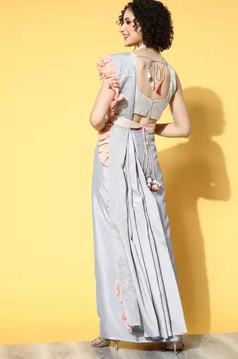  grey solid chinnon crepe saree with and belt