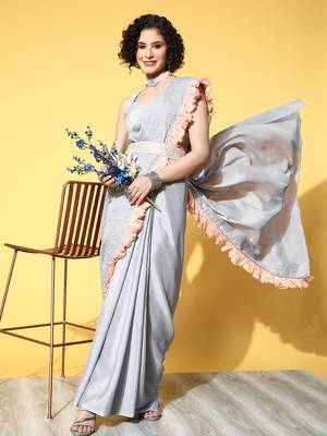  grey solid chinnon crepe saree with and belt 4