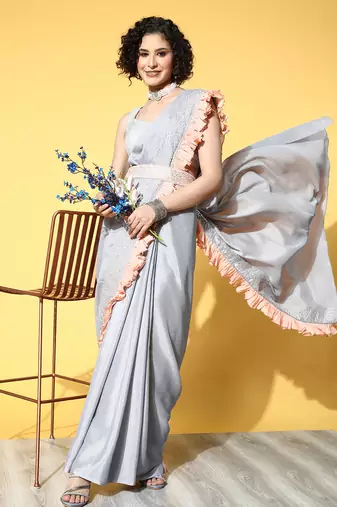  grey solid chinnon crepe saree with and belt