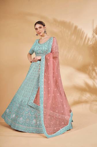 Fusionic turquoise embroidered georgette lehenga-choli with blouse