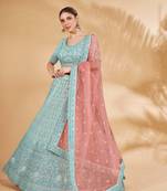 Fusionic turquoise embroidered georgette lehenga-choli with blouse