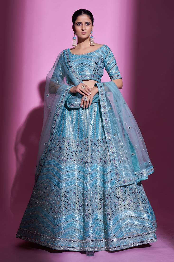 Fusionic blue embroidered silk lehenga-choli with blouse