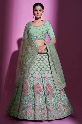 Fusionic parrot-green embroidered georgette lehenga-choli with blouse