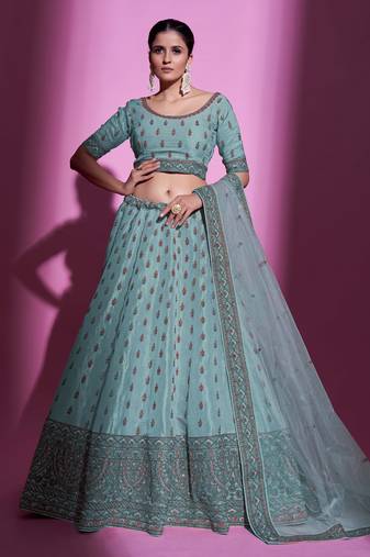 Fusionic blue embroidered silk lehenga-choli with blouse