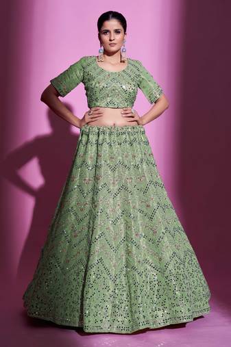 Fusionic parrot-green embroidered silk lehenga-choli with blouse