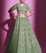 Fusionic parrot-green embroidered silk lehenga-choli with blouse