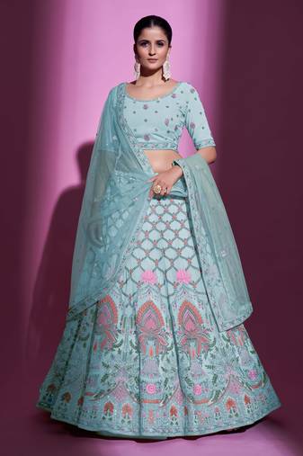 Fusionic blue embroidered georgette lehenga-choli with blouse